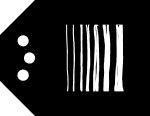 BC Provenance Label icon. Black tag shape with six perpendicular white lines of increasing width. On left side are three white dots.
