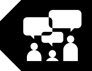 TK Community Voice Label icon. Black tag shape with three different sized human figures in white and dialogue bubbles that overlap.